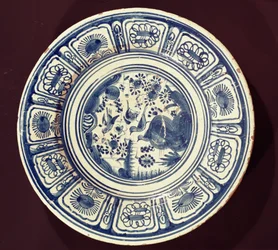 Blue dish, deriving from a late Ming Export, possibly from the Christian Wilhelm factory, Southwark, London, c.1635-40